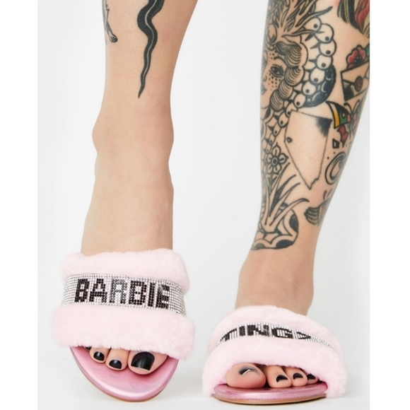 💞Barbie Tingz Rhinestone And Fur Slides - Picture 4 of 4